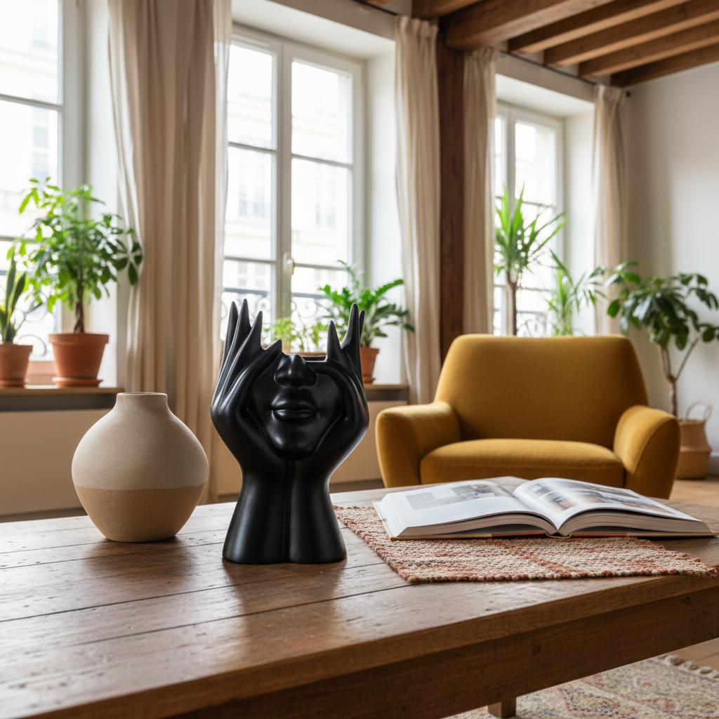 Organisateur de Cosmétiques – Sculpture Abstraite en Résine (Noir/Doré)