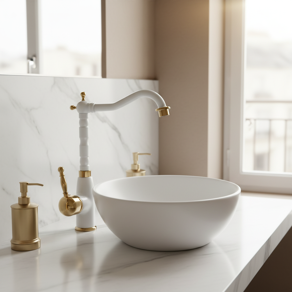 Mitigeur de Cuisine Blanc et Doré