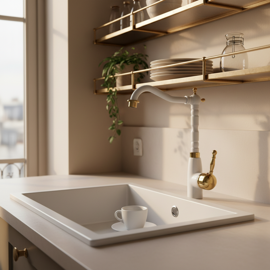 Mitigeur de Cuisine Blanc et Doré