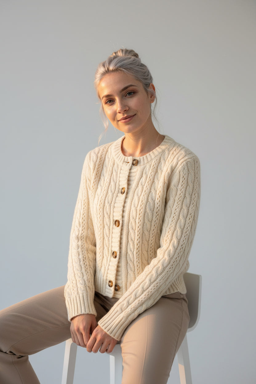 Cardigan Femme Maille Câblée Boutons Bois Manches Longues Coupe Courte
