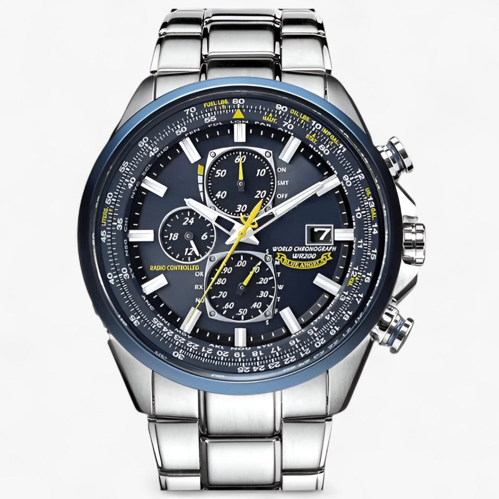 Montre Chronographe Homme MultiSteel 42mm, Acier Argent avec Cadran Bleu Élégant