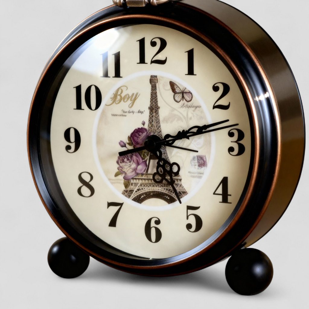 Horloge de table style vintage avec motif Tour Eiffel – Finition métal noir et bronze