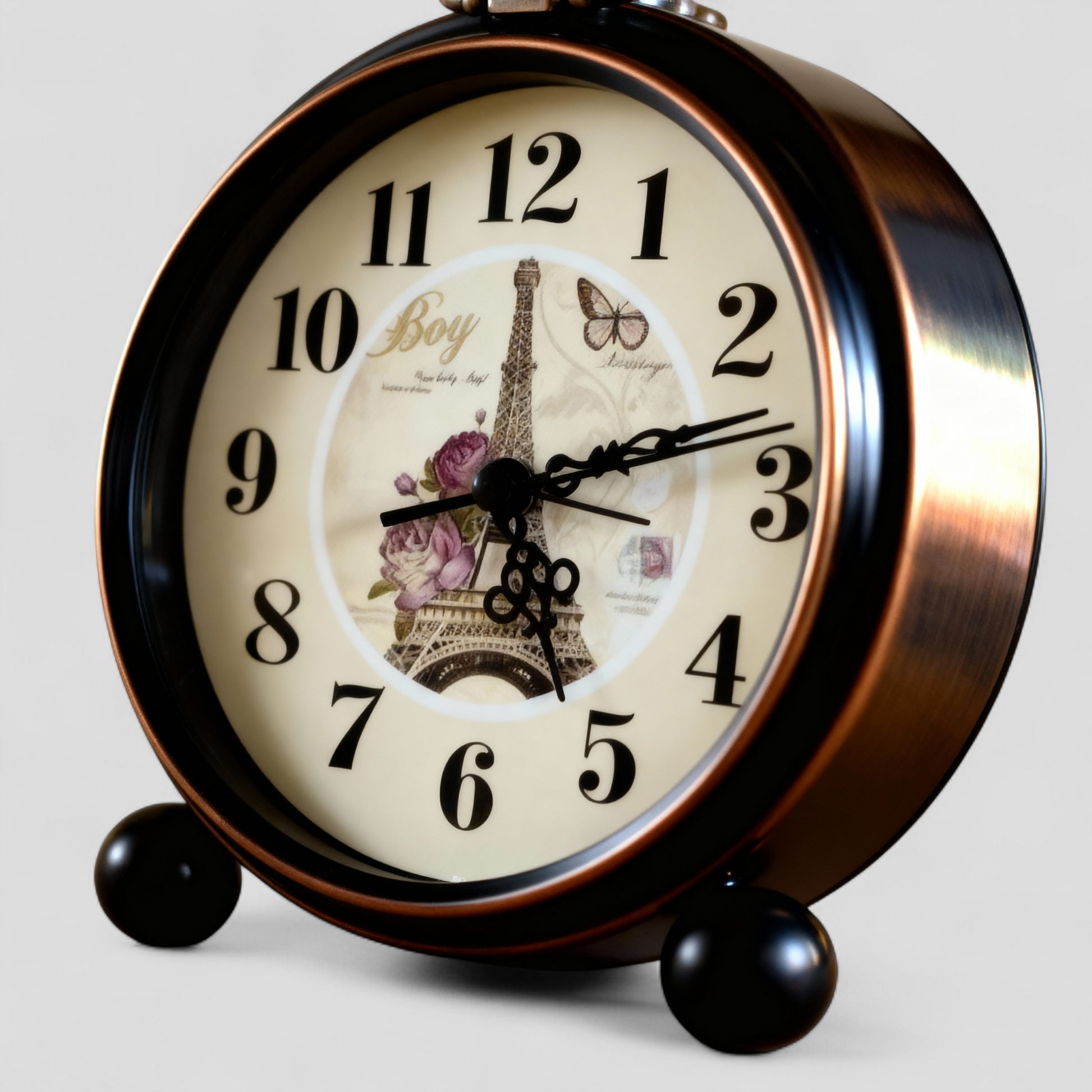 Horloge de table style vintage avec motif Tour Eiffel – Finition métal noir et bronze