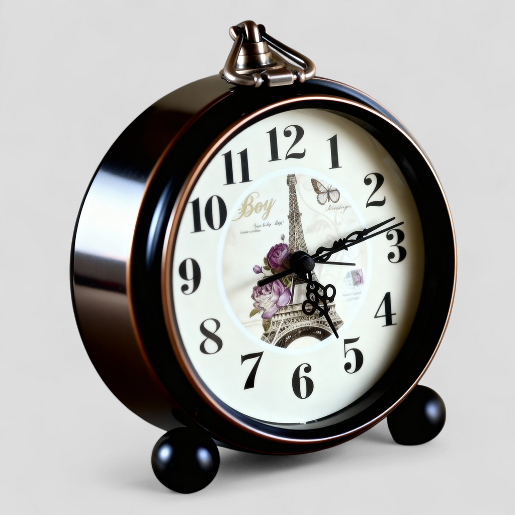 Horloge de table style vintage avec motif Tour Eiffel – Finition métal noir et bronze