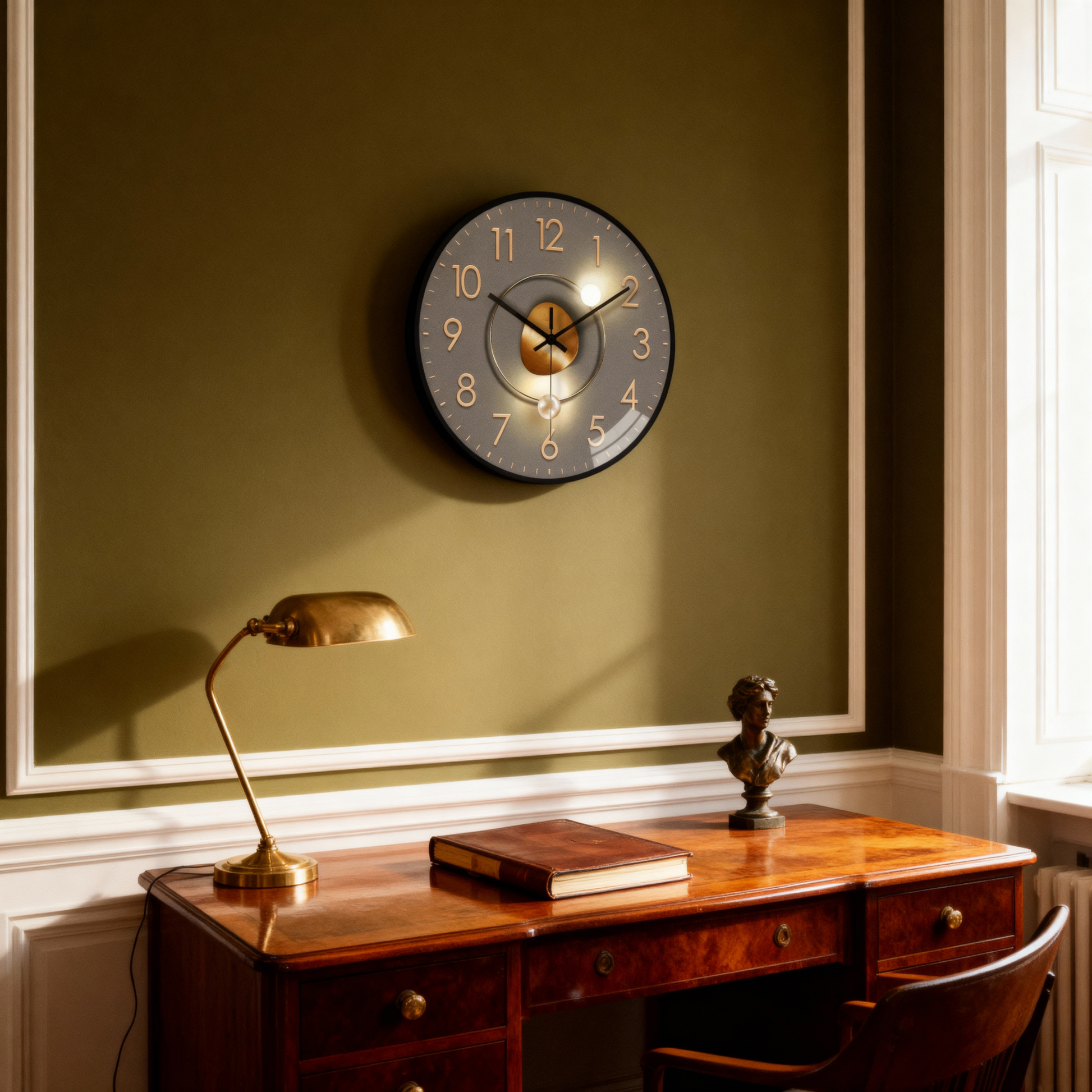 Montre Murale Ronde Moderne – Cadran Gris et Détails Dorés, 20 cm