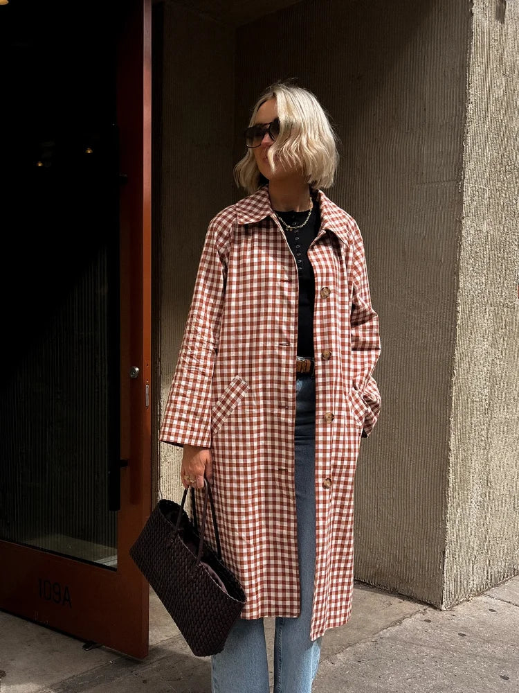 Trench Long Femme Élégant à Carreaux 2