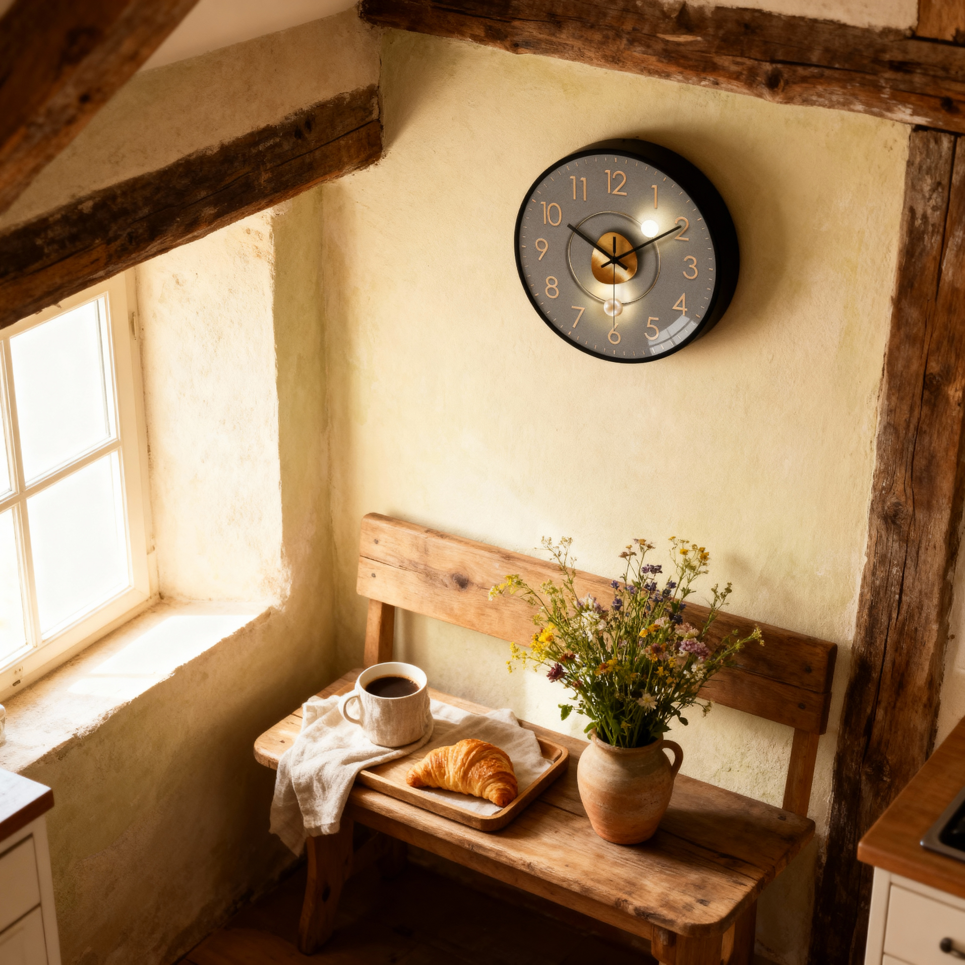 Montre Murale Ronde Moderne – Cadran Gris et Détails Dorés, 20 cm