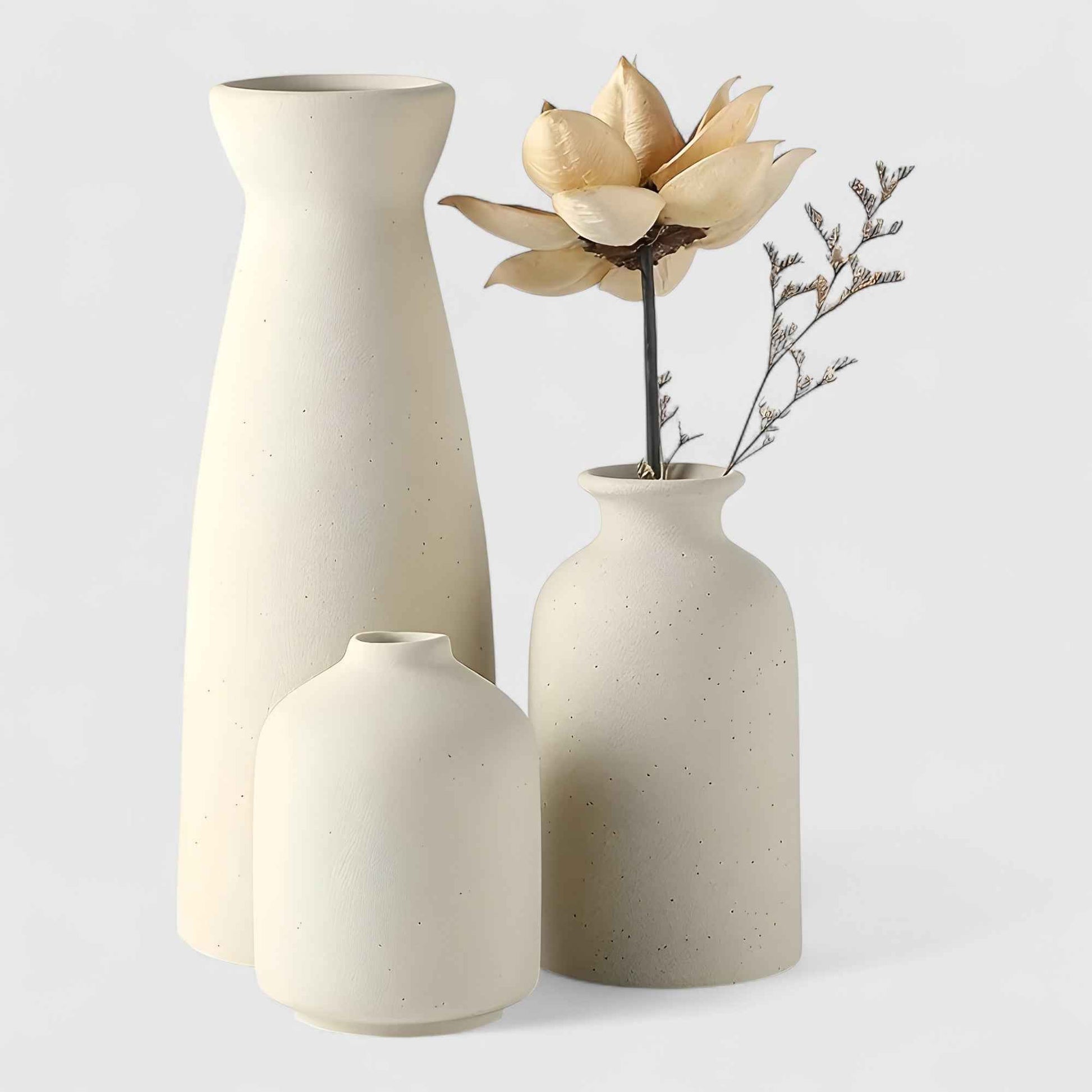 Vases : Ensemble de Vases en Céramique Moderne Blanc - Vases en Céramique Moderne Élégants dans Beige de Marche Lino