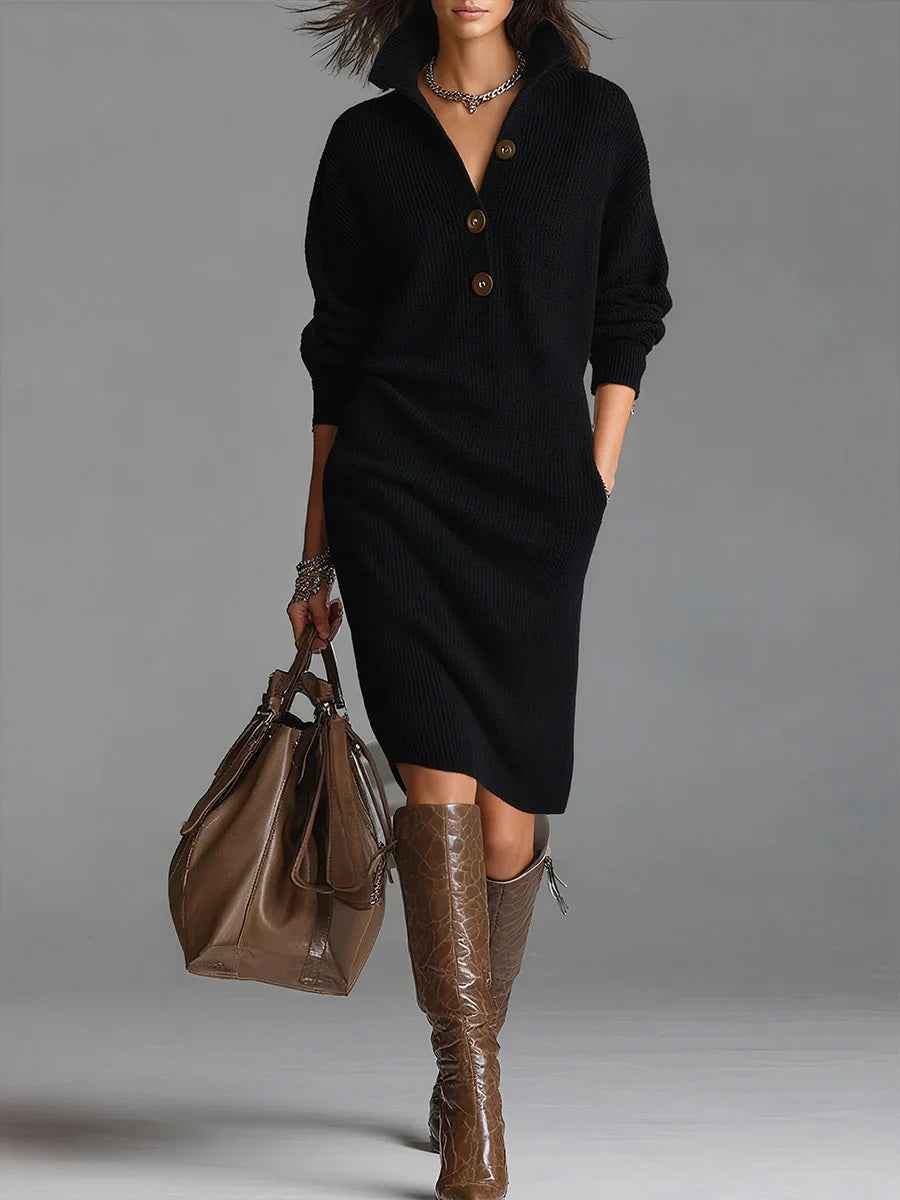 Solid Colored Loose Knit Dress with Turtleneck and Long Sleeves