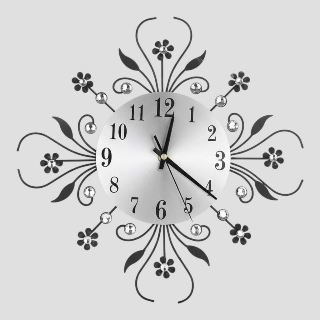 Horloge Murale Silencieuse en Métal – Motif Floral avec Strass Décoratifs