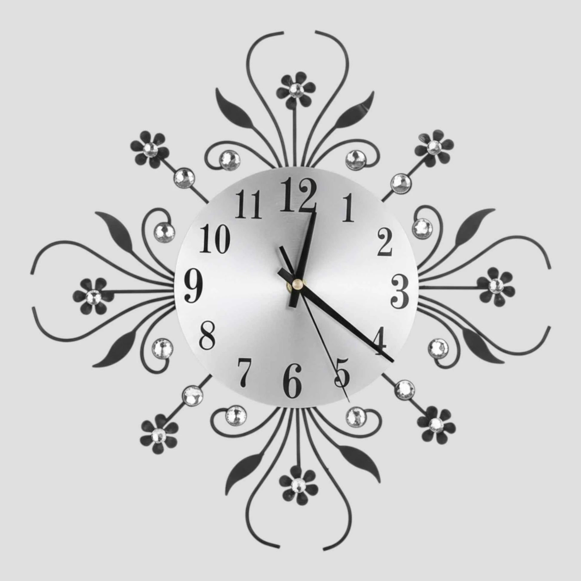 Horloge Murale Silencieuse en Métal – Motif Floral avec Strass Décoratifs