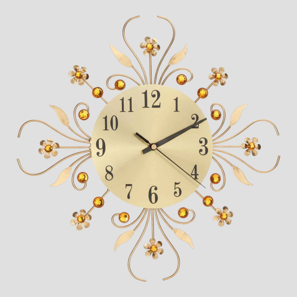 Horloge Murale Silencieuse en Métal – Motif Floral avec Strass Décoratifs