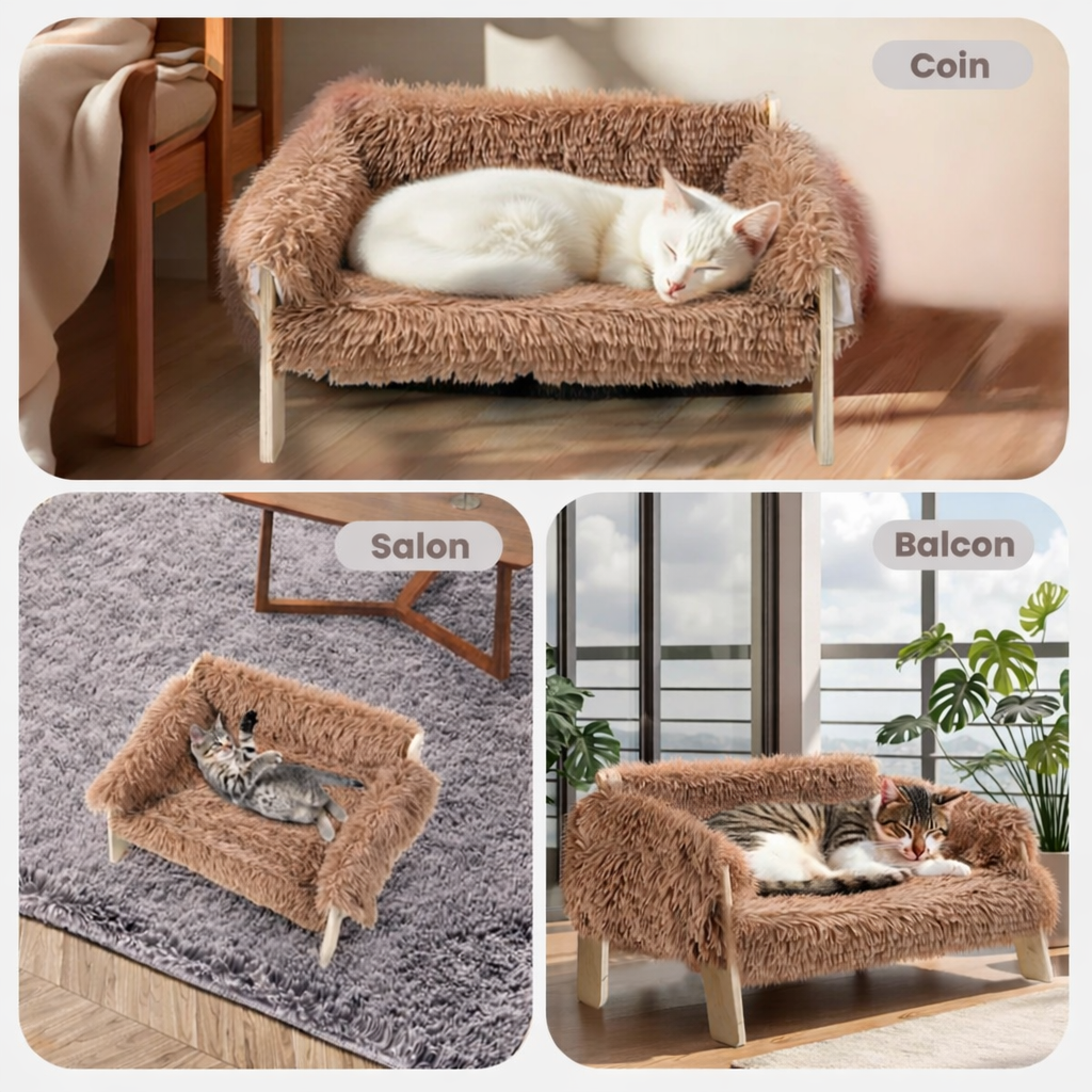 Lit Pour Chat Élevé Avec Coussin Doux Bois
