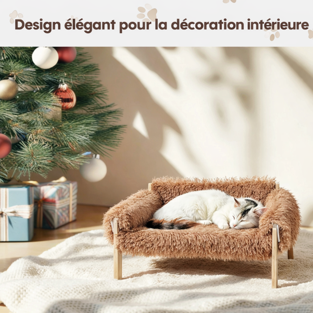 Lit Pour Chat Élevé Avec Coussin Doux Bois