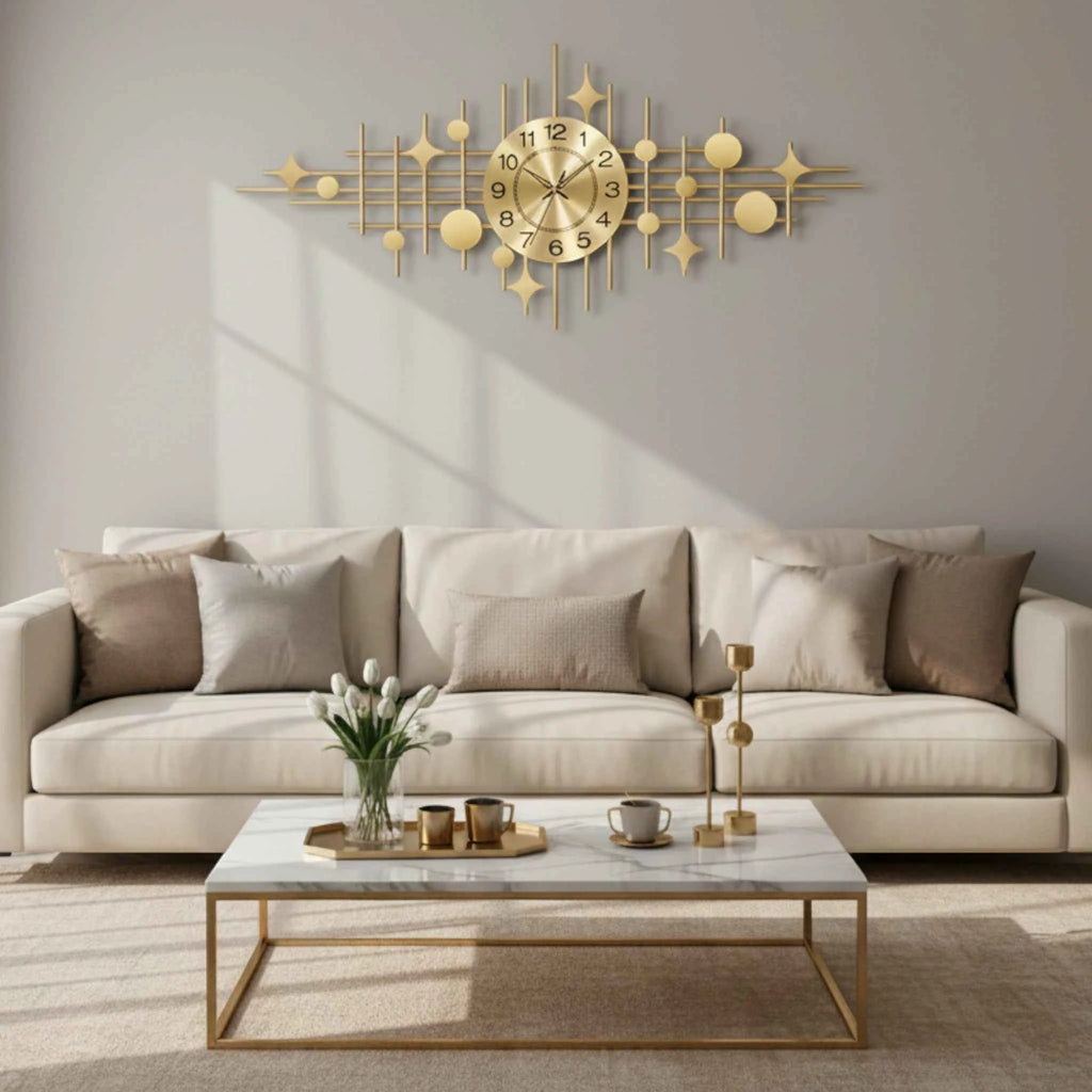 Horloge Murale Design en Métal Doré – Grand Format Étoile Géométrique