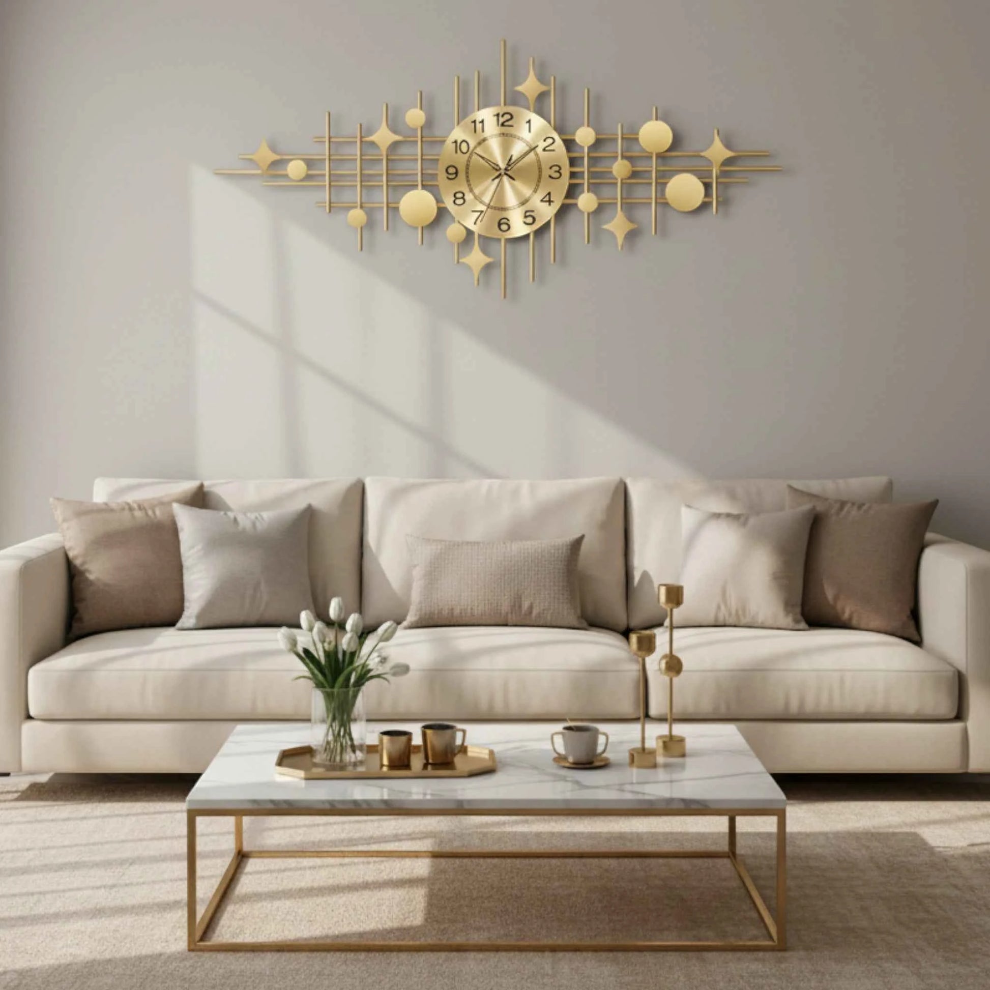 Horloge Murale Design en Métal Doré – Grand Format Étoile Géométrique