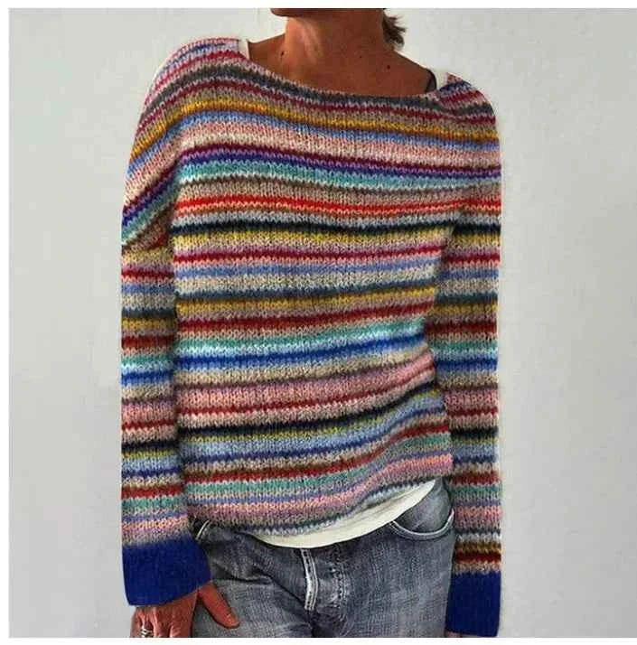 Pull femme col bateau rayé tricoté rétro