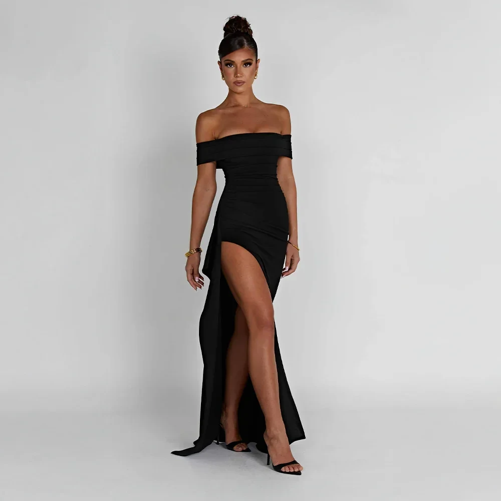 Robe longue femme avec épaules dénudées et fente