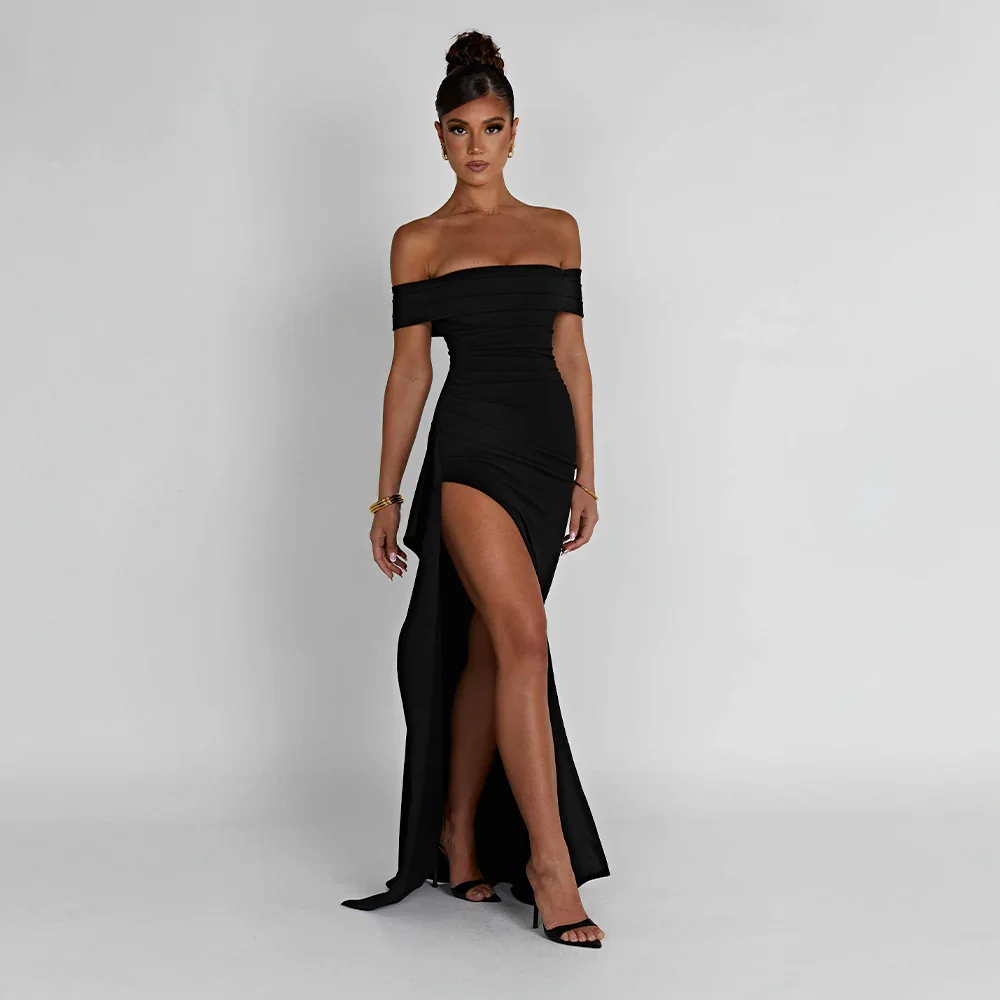 Langes Damenkleid mit freiliegenden Schultern & elegantem Schlitz - Ideal für Abend/Ceremonie