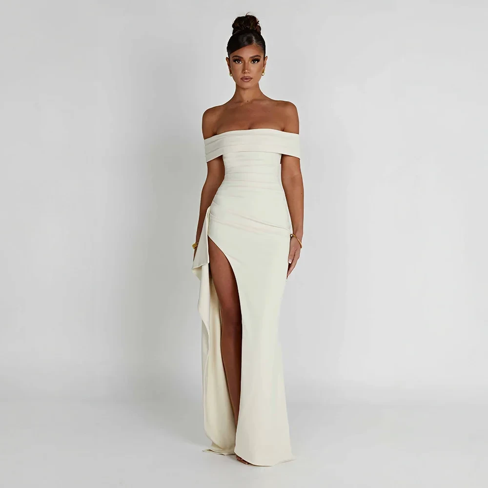 Robe longue femme avec épaules dénudées et fente