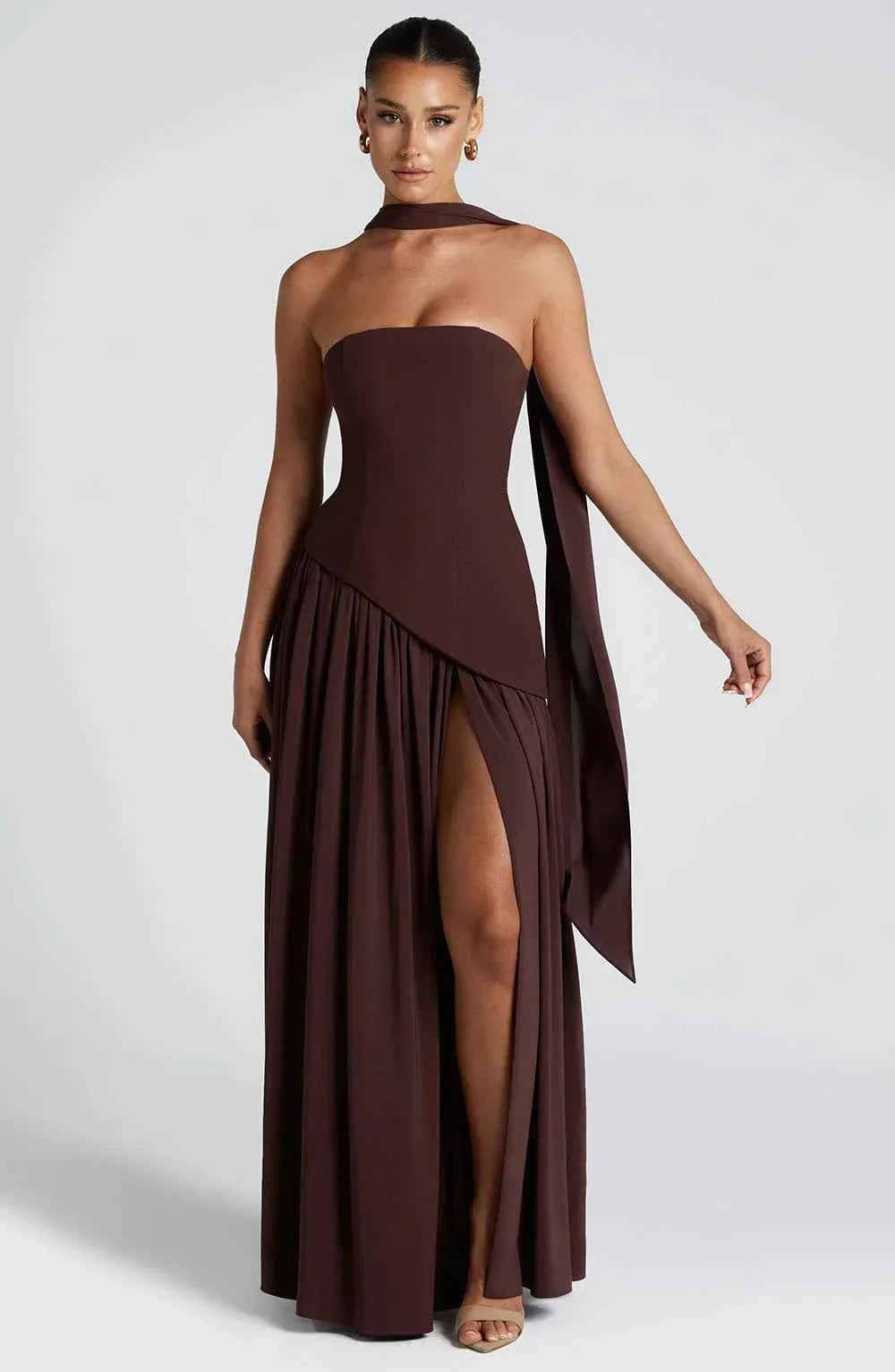 Robe longue bustier corset avec détail foulard et fente haute
