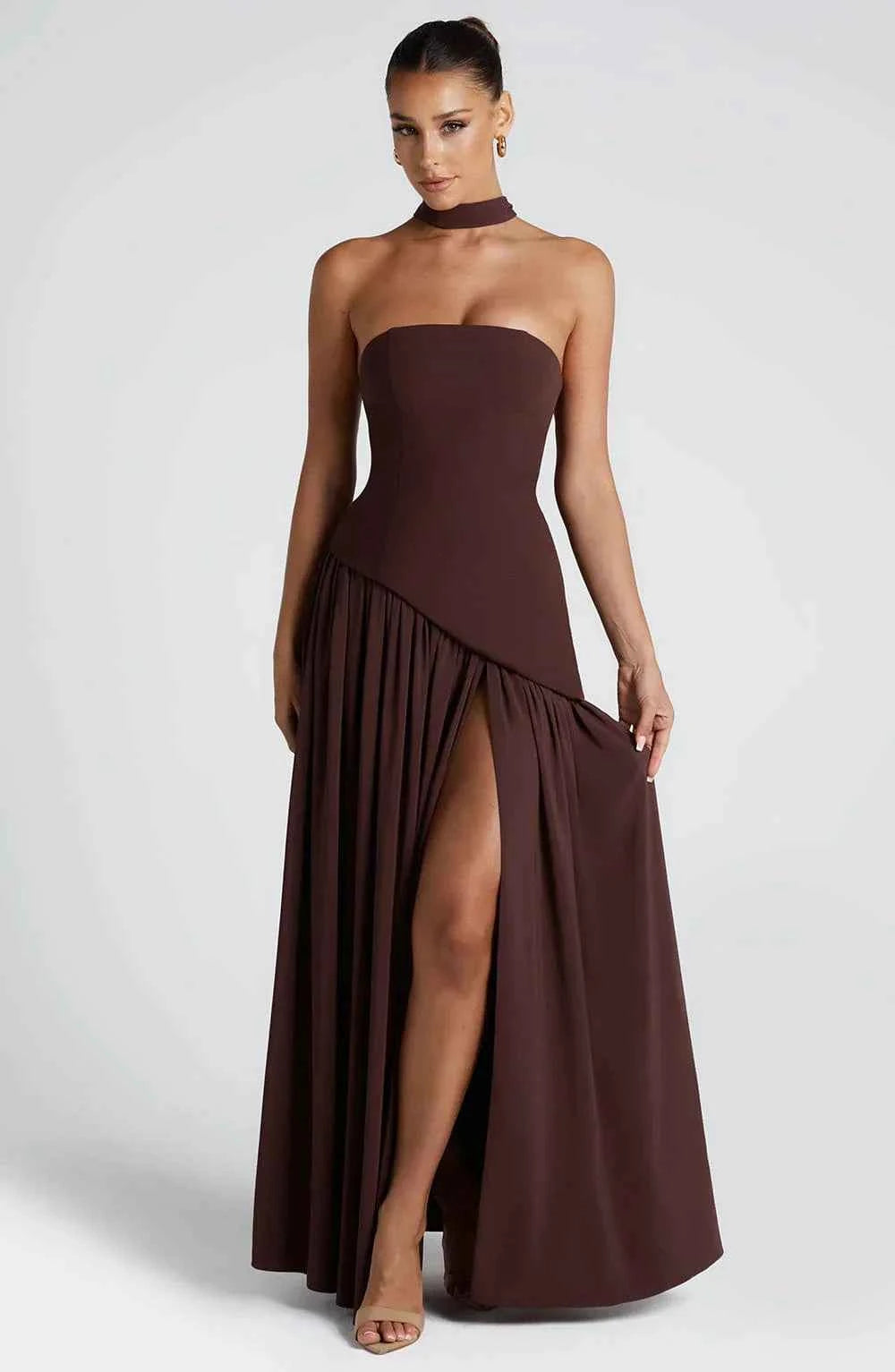 Robe longue bustier corset avec détail foulard et fente haute