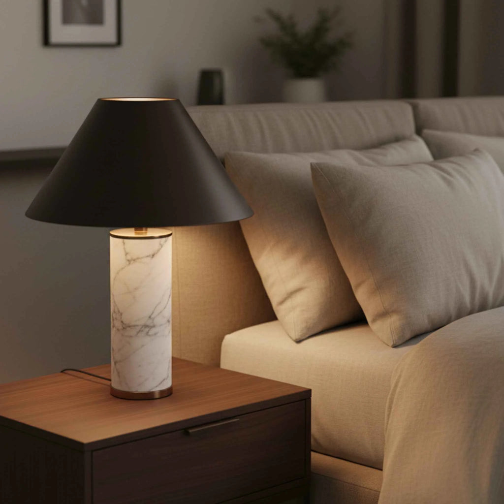 Lampe de Table Moderne avec Base en Marbre et Abat-jour en Bronze