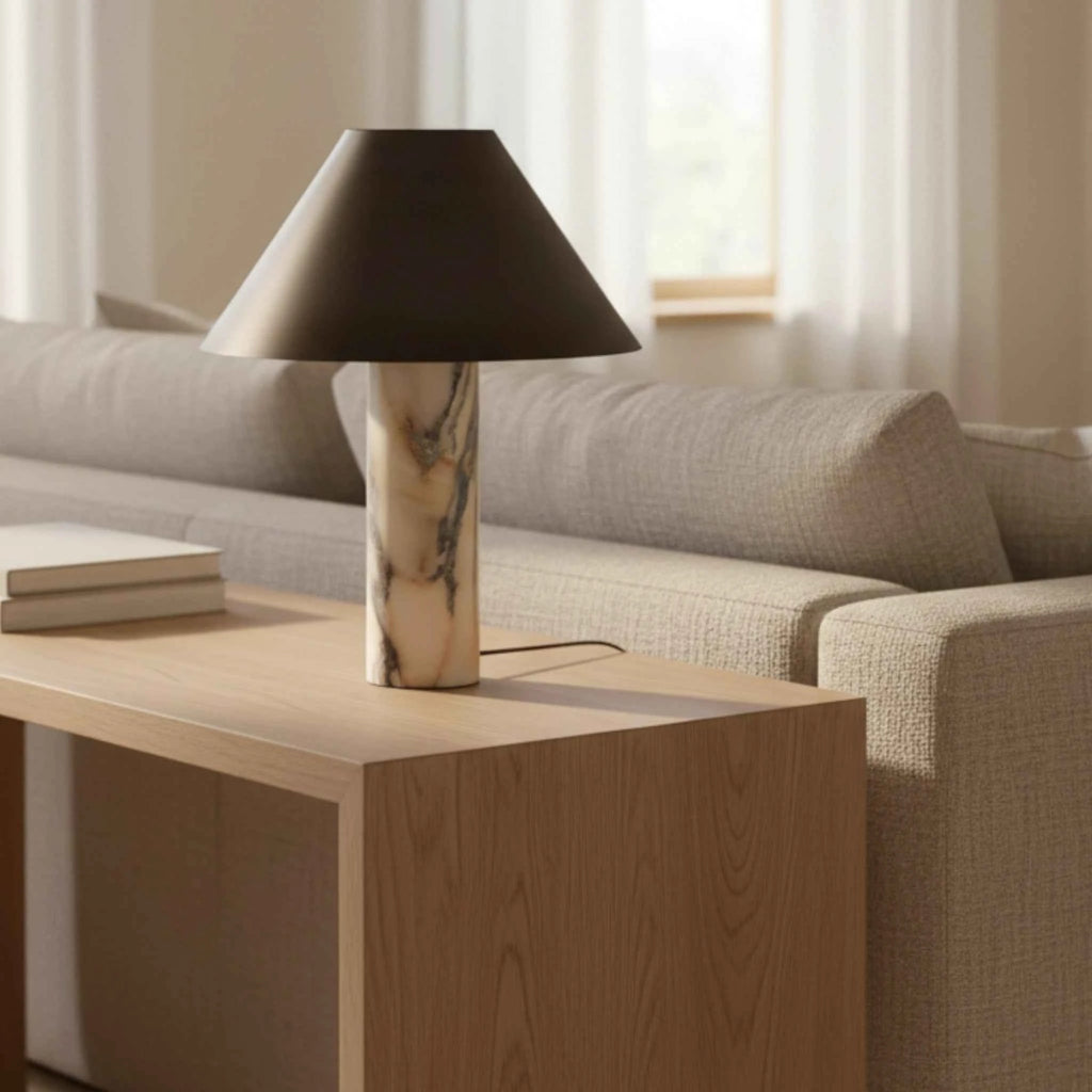 Lampe de Table Moderne avec Base en Marbre et Abat-jour en Bronze