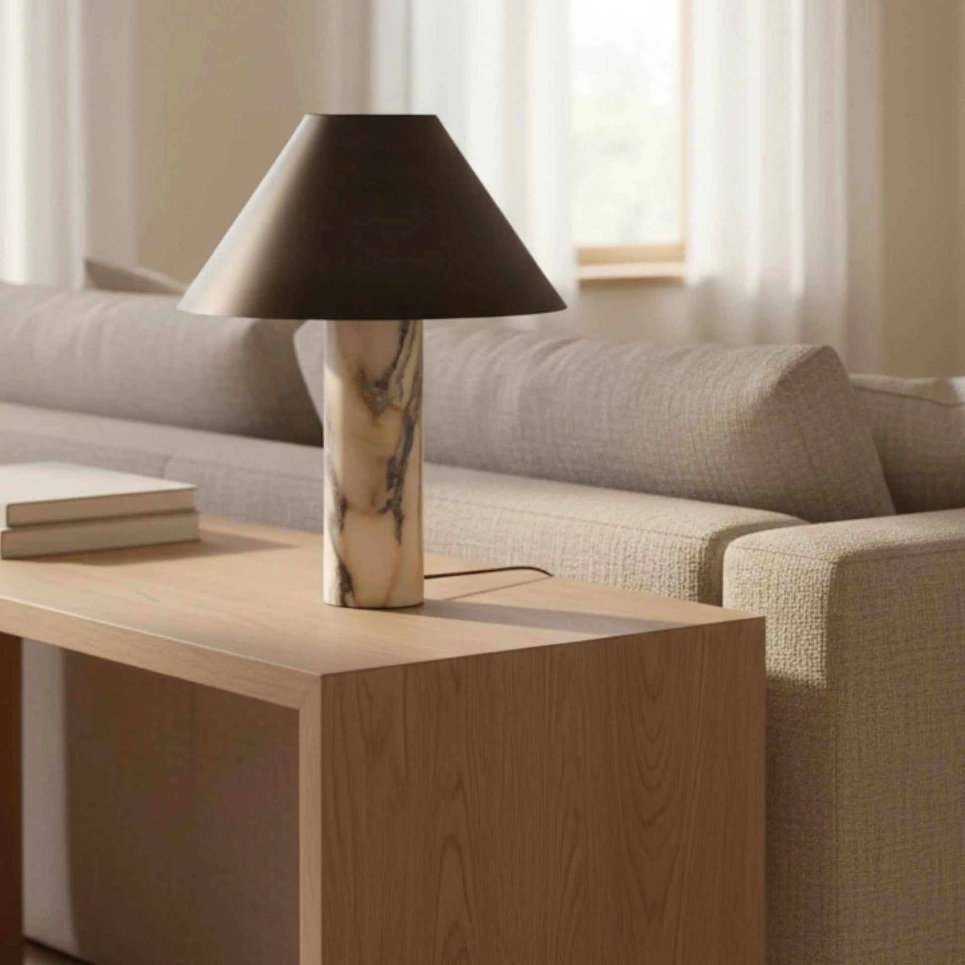 Lampe de Table Moderne avec Base en Marbre et Abat-jour en Bronze