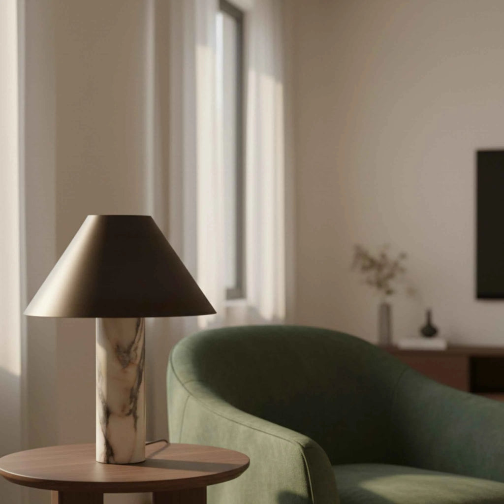 Lampe de Table Moderne avec Base en Marbre et Abat-jour en Bronze