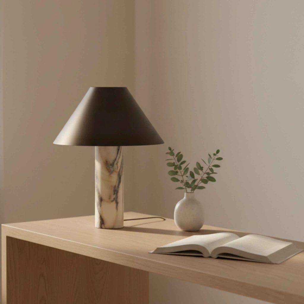 Lampe de Table Moderne avec Base en Marbre et Abat-jour en Bronze