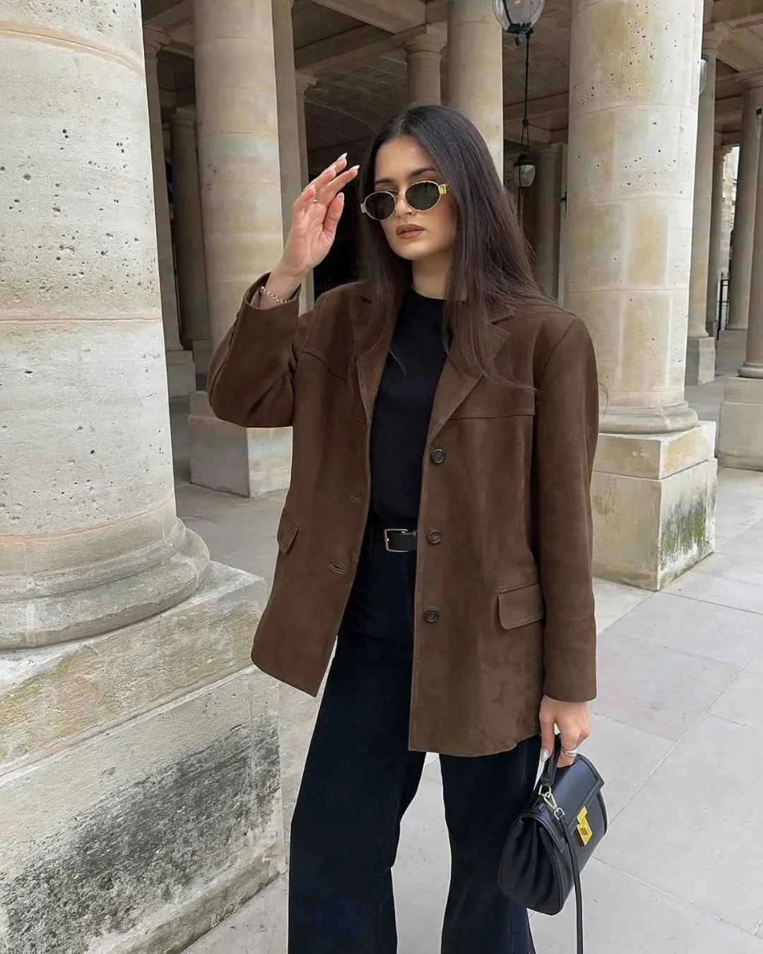 Veste blazer femme en suédine marron avec poches