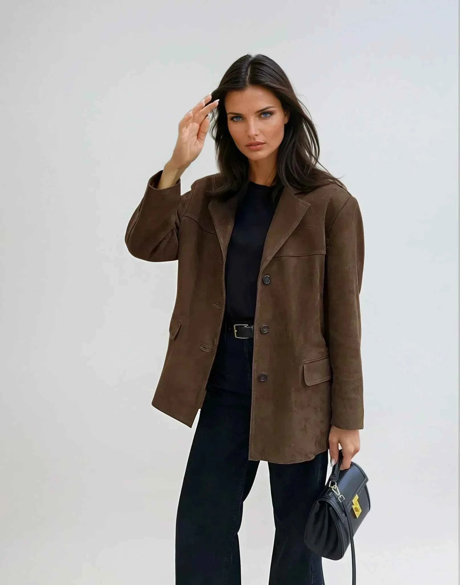 Veste blazer femme en suédine marron avec poches